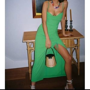 Elegant Woman Green Slip Drawstring Dress